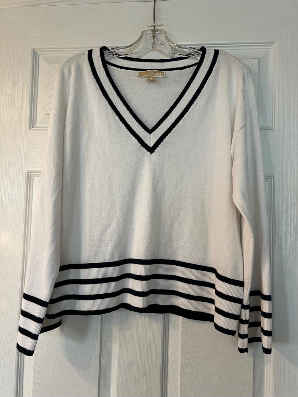 Michael Kors White V-Neck Sweater with Navy Stripe Accents